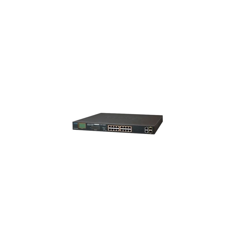 Switch no administrable PoE+ Extended, Aislamiento VLAN de 16 puertos + 2 combo TP/SFP Gigabit y Pantalla