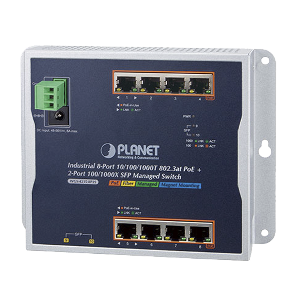 Switch Industrial PoE Administrable de Pared Capa 2, 8 Puertos Gigabit PoE 802.3at y 2 Puertos 100/1000X SFP