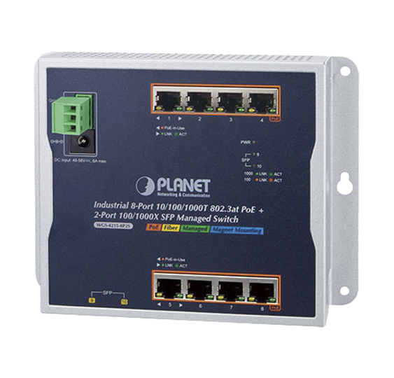 Switch Industrial PoE Administrable de Pared Capa 2, 8 Puertos Gigabit PoE 802.3at y 2 Puertos 100/1000X SFP