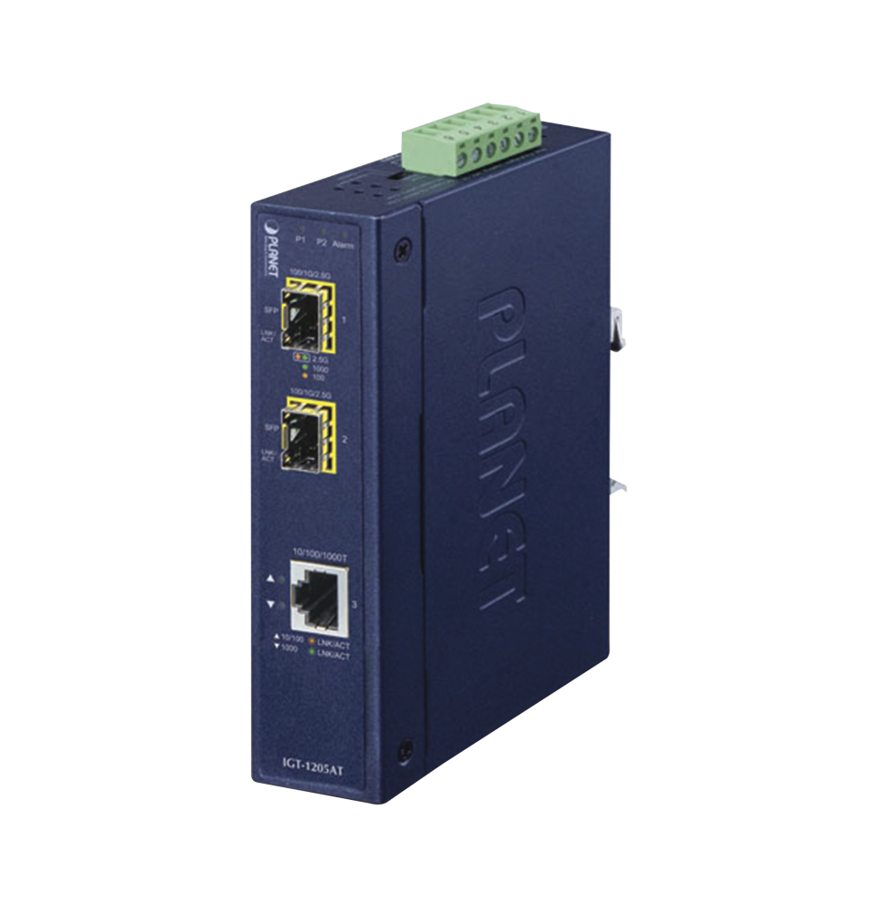 Convertidor de Medios Industrial de 1 Puerto Ethernet 10/100/1000 Base-T a 2 Puertos SFP 100/1000/2500 Base-X