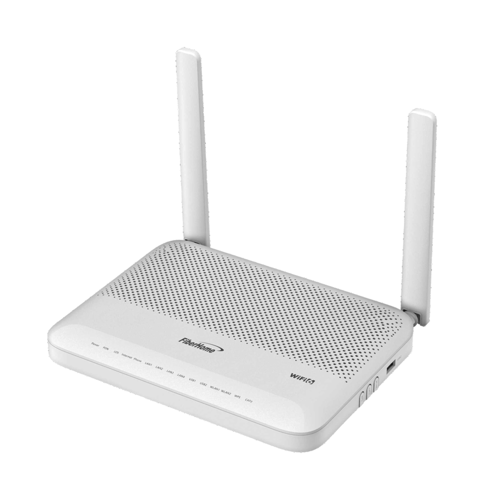 ONU GPON WiFi 6, Doble Banda 2.4/5 GHz , con 4 puertos Gigabit Ethernet + 2 POTS + 1 USB + 1 CATV (RF), conector SC/APC