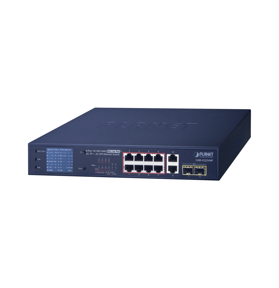 Switch No Administrable 8 Puertos Gigabit con Modo Extend PoE a 250 mts, 2 puertos Uplink 10/100/1000 Mbps, 2 Puertos SFP