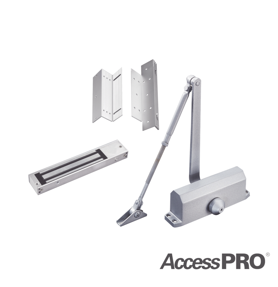 Kit para control de acceso incluye Chapa magnética de 600Lbs / Montajes L y Z / Cierra puerta para 45-65Kg.