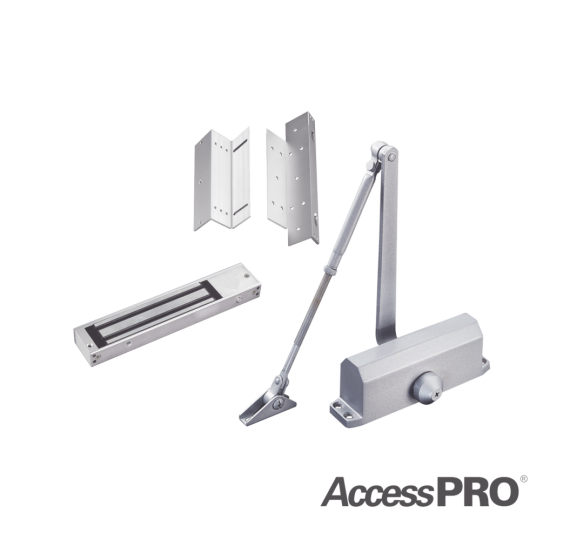 Kit para control de acceso incluye Chapa magnética de 600Lbs / Montajes L y Z / Cierra puerta para 45-65Kg.