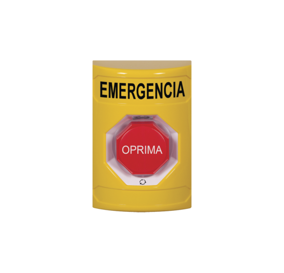 Botón de Emergencia en Español Color Amarillo Acción Mantenida Girar para Restablecer y LED Multicolor