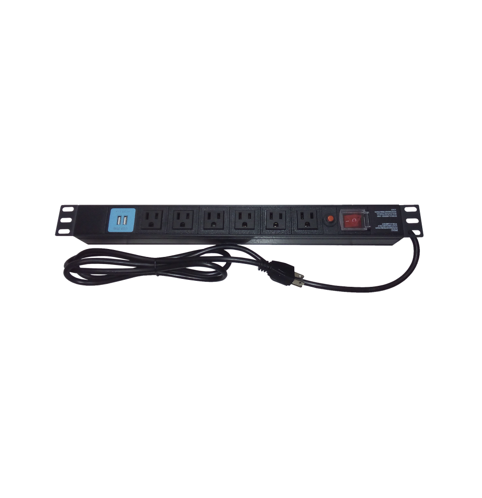 Tomacorriente Horizontal PDU 6 Contactos + 2 USB - Rack 19" - THTCM6CUSB
