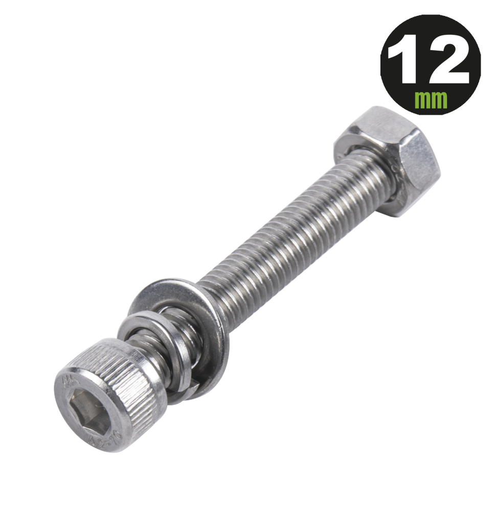 1 Tornillo Allen Milimétrico de Acero Inoxidable  M8-1.25 x 12/ Con 1 Tuerca, 1 Arandela de Presión y 1 Plana / Para