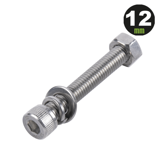 1 Tornillo Allen Milimétrico de Acero Inoxidable  M8-1.25 x 12/ Con 1 Tuerca, 1 Arandela de Presión y 1 Plana / Para