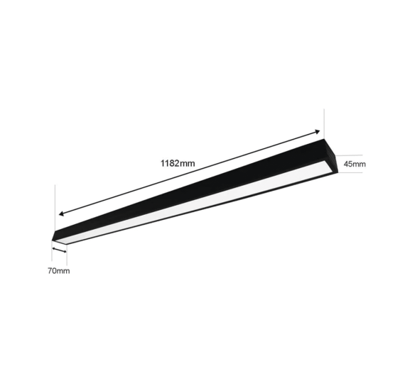 Panel LED Suspendido 22 W / 127 Vca~60Hz / Flujo luminoso 1 980 lm / Medidas 1182 x 70 x 45 mm  / TCC 6 500 K / Ángulo