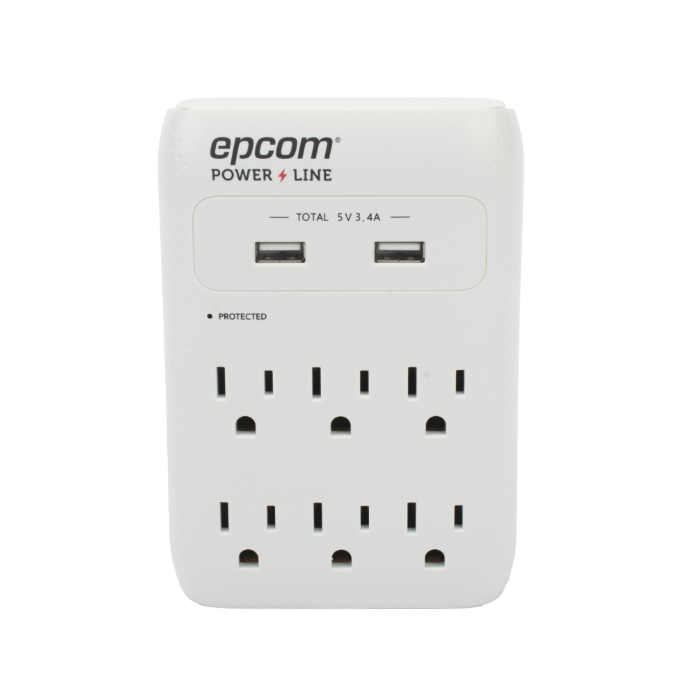 Multicontacto de Pared 110 Vca / Supresor de Picos 1080 Joules / 6 x Nema 5-15P / 2 x USB (5V a3.4A)