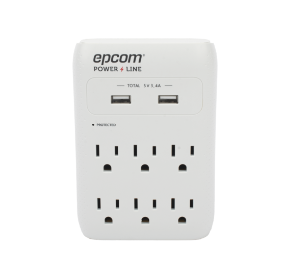 Multicontacto de Pared 110 Vca / Supresor de Picos 1080 Joules / 6 x Nema 5-15P / 2 x USB (5V a3.4A)