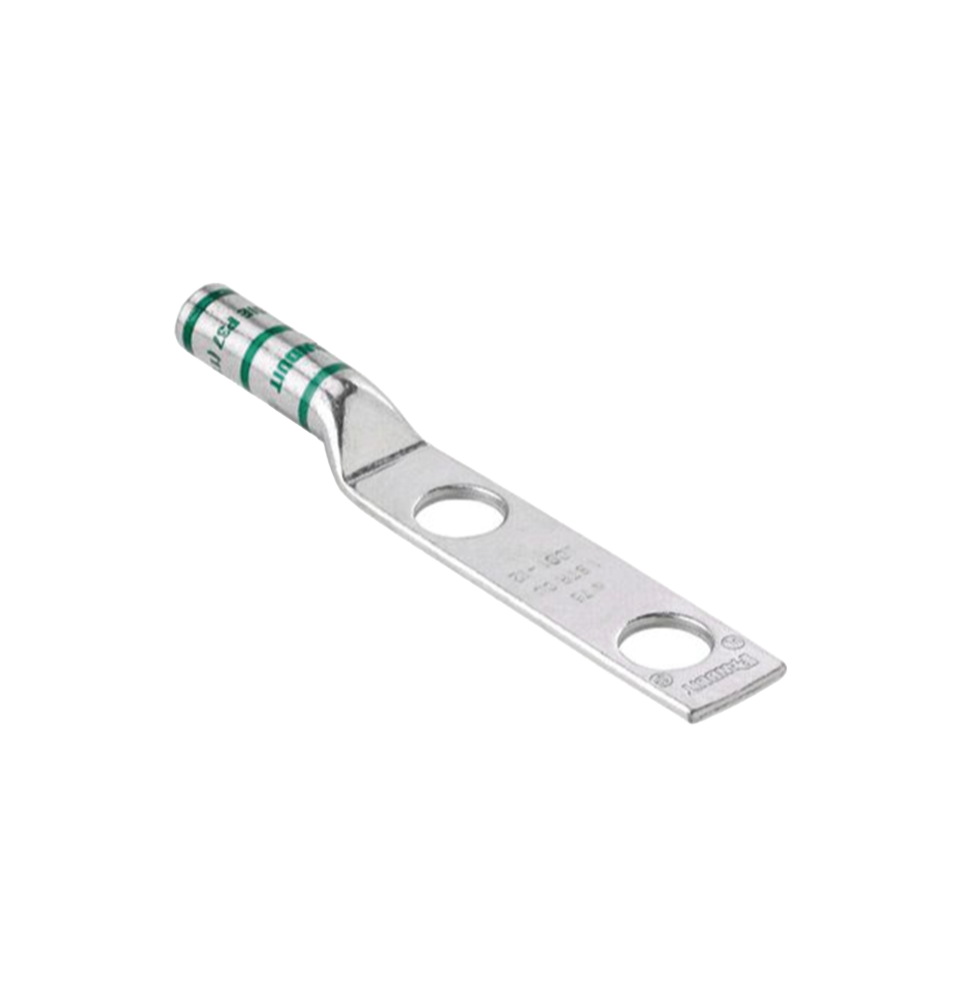 Terminal de Compresión Pan-Lug de Barril Largo, de Dos Orificios de 1/2", para Cable 6 AWG, Espacios Entre Orificios