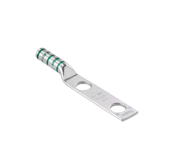 Terminal de Compresión Pan-Lug de Barril Largo, de Dos Orificios de 1/2", para Cable 6 AWG, Espacios Entre Orificios