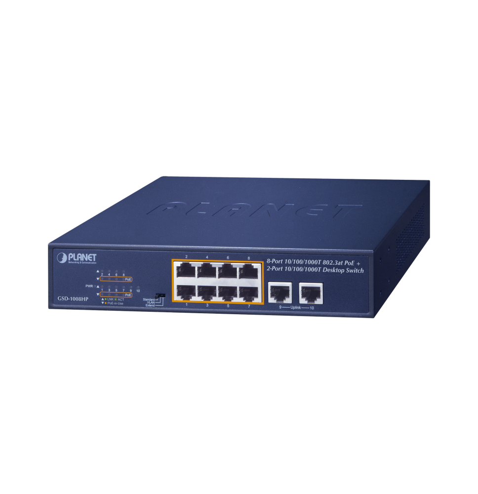 Switch no administrable PoE de 8 puertos 10/100/1000 Mbps con PoE 802.3af/at