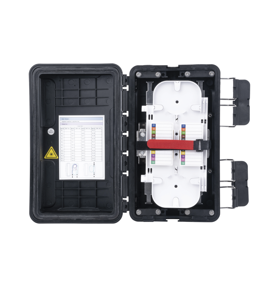 Caja de Distribución de Fibra óptica, Hasta 96 Empalmes, Exterior IP65, Color Negro