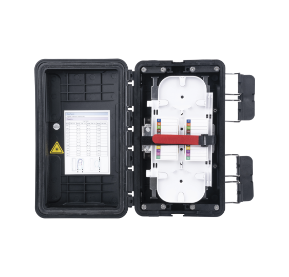 Caja de Distribución de Fibra óptica, Hasta 96 Empalmes, Exterior IP65, Color Negro