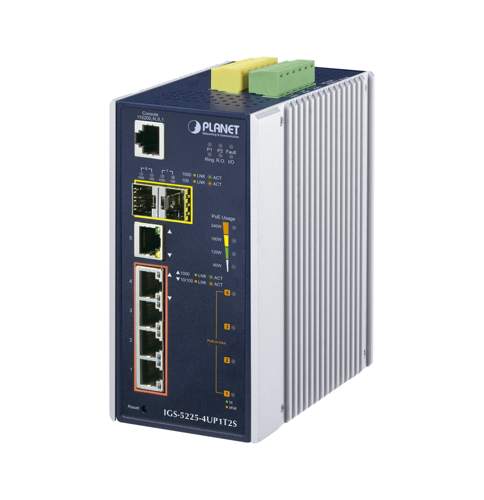 Switch Industrial Administrable 4 Puertos Gigabit c/Ultra PoE 802.3af/at, 2 Puertos SFP