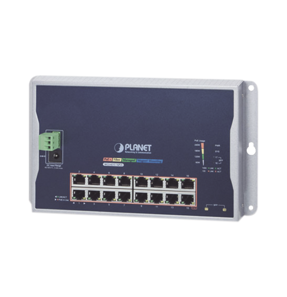 Switch Industrial Administrable Capa 2 de Pared,16 Puertos PoE 802.3at Gigabit y 2 Puertos SFP