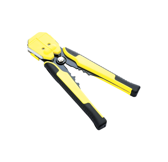 Pinza multifuncional Pelacables, con terminal de pestaÃ±a, prensado automático de color amarillo.